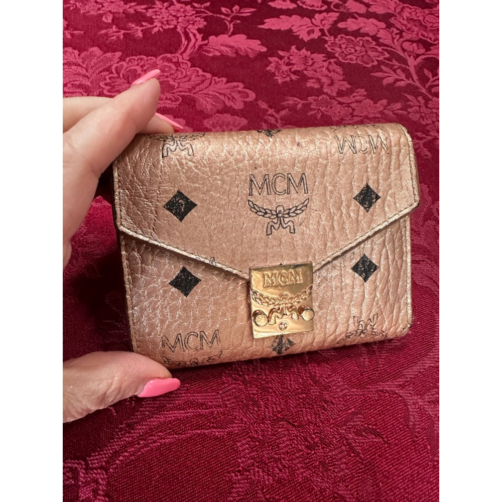 MCM Metallic Rose Gold & Black Monogram Compact Snap Wallet